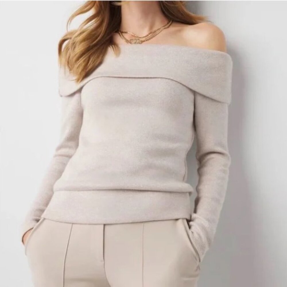 White House Black Market Off-Shoulder Cream Knit Top